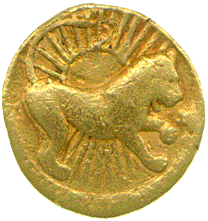 image of obverse of gold rupee of Jahangir, showing Leo the lion