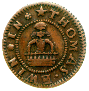 Image of the obverse of a copper token of Thomas Ewin
