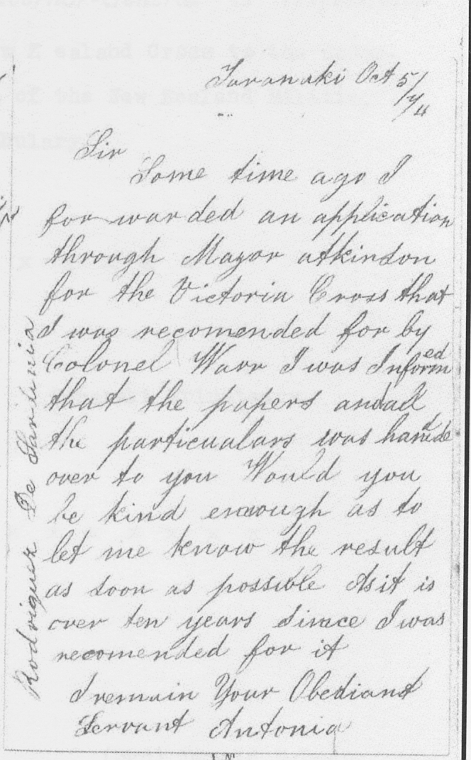 Letter from Antonio Rodriquez to New Zealand Native & Defence Office, 5 October 1874; National Archives, Wellington, New Zealand
