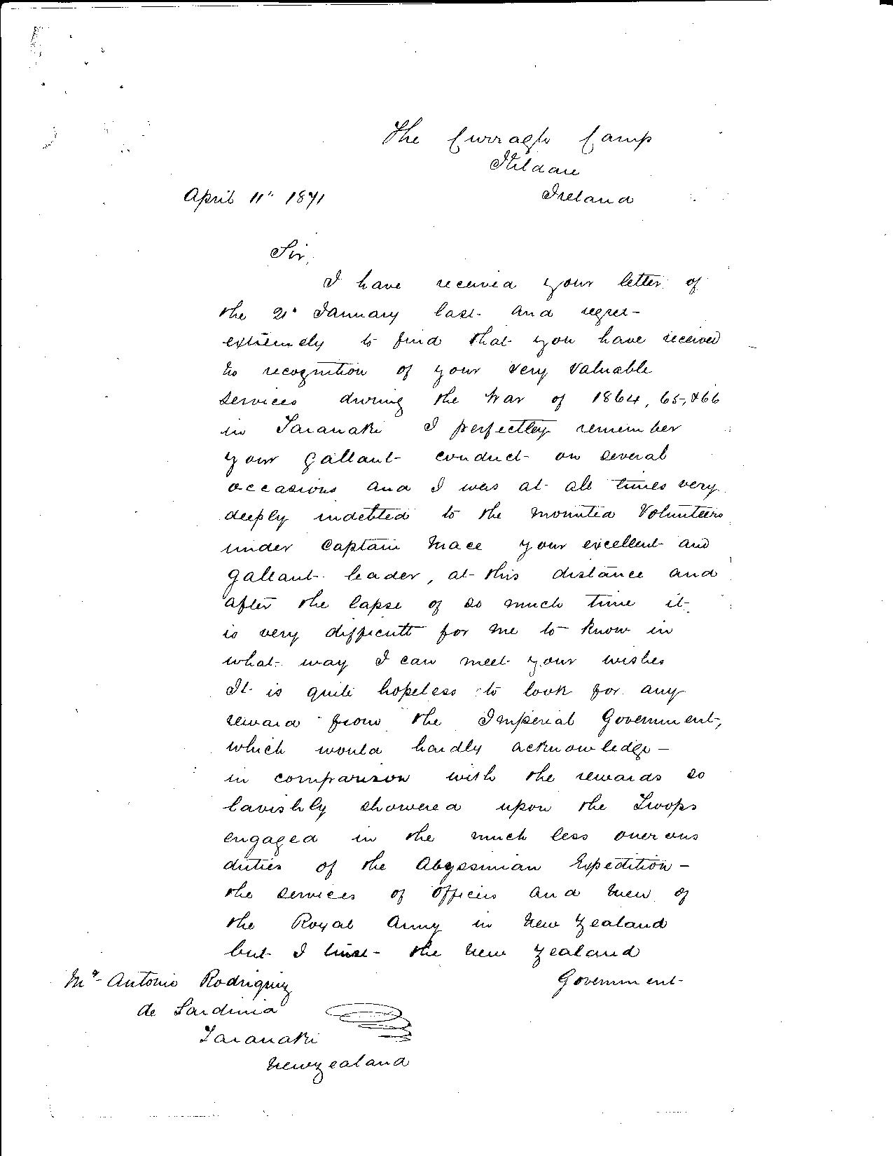 Letter from Colonel Henry Warre to Antonio Rodriquez, April 11 1871; National Archives, Wellington, New Zealand
