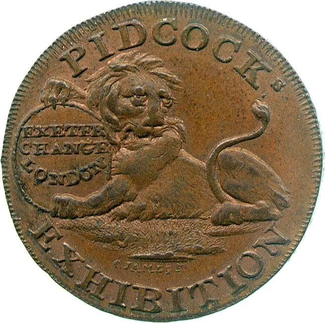 Image of the obverse of a copper halfpenny token engraved by James on behalf of Lutwyche for Gilbert Pidcock, 1795