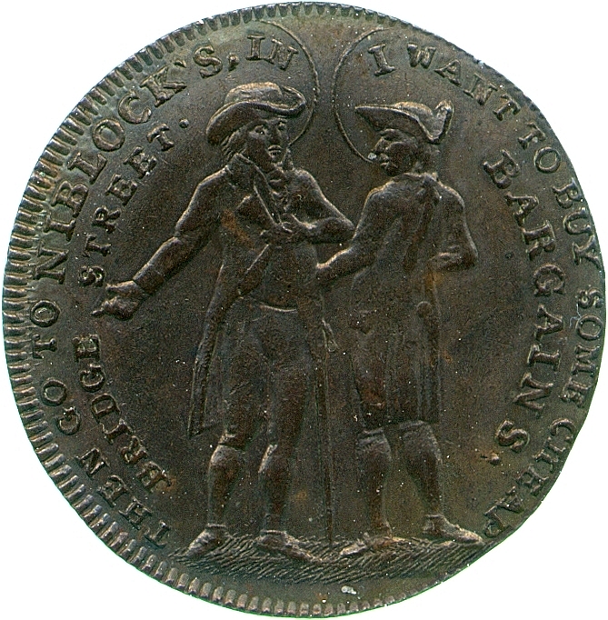 Image of the obverse of a copper halfpenny token of Niblock's of Bristol, 1795