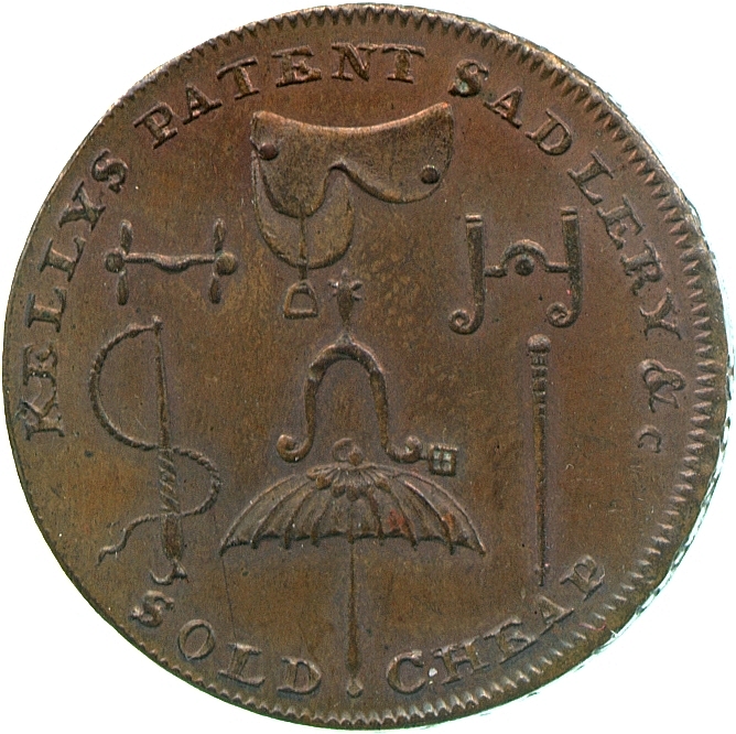 Image of the reverse of a copper halfpenny token of Kelly's Saddlery, London, late eighteenth century