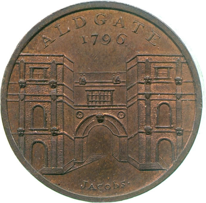 Image of the obverse of a copper halfpenny token by Skidmore, 1796