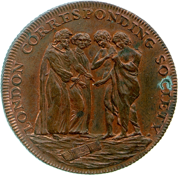 Image of the obverse of a copper halfpenny token issued in the name of the London Corresponding Society, 1795