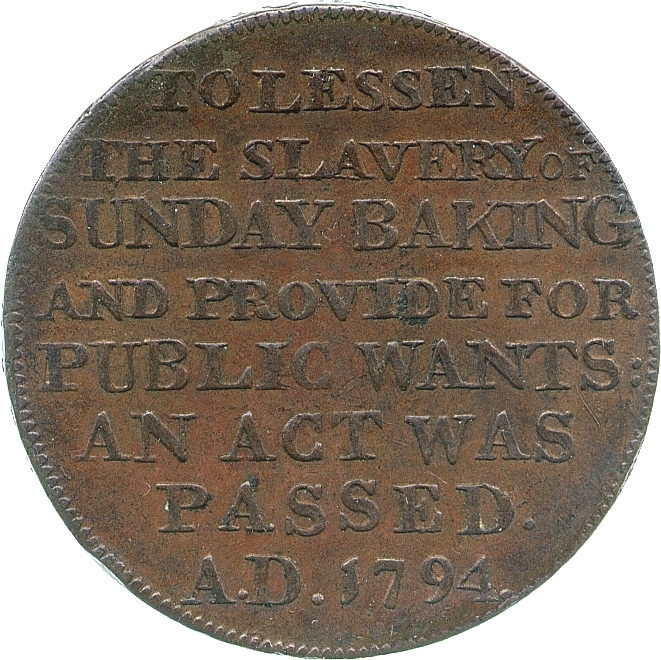 Image of the reverse of a copper halfpenny token issued by a baker by the name of Dennis, London, 1794