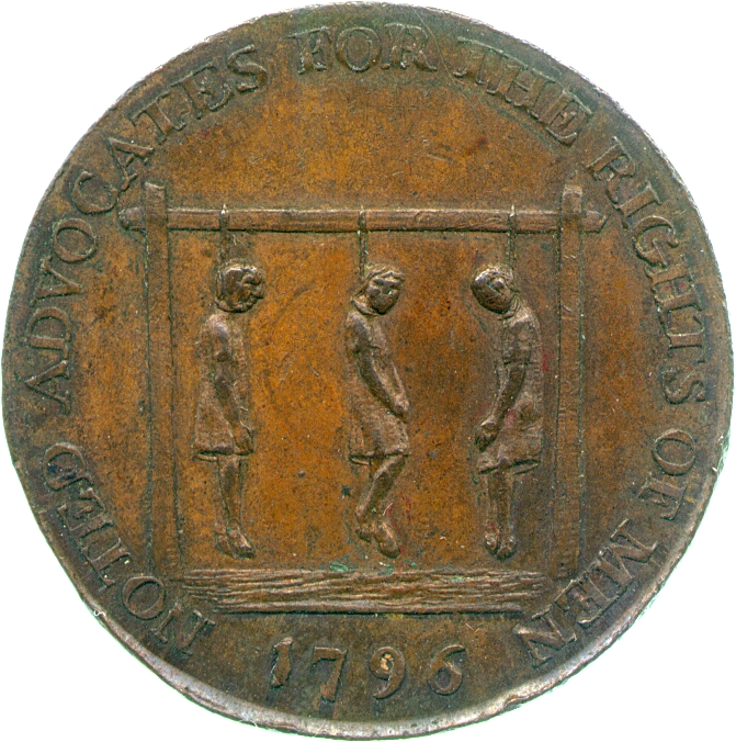 Image of the reverse of a copper halfpenny token engraved by Thomas Wyon, 1796