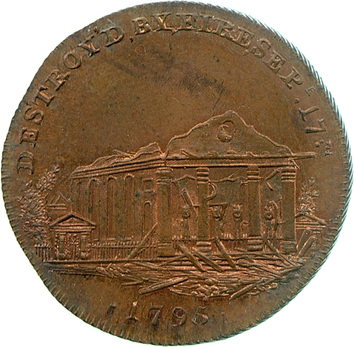 Image of the reverse of a copper halfpenny token engraved by C. James for Skidmore, late eighteenth century