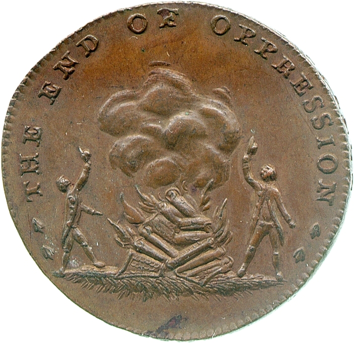 Image of the reverse of a copper halfpenny token of Thomas Spence, late eighteenth century