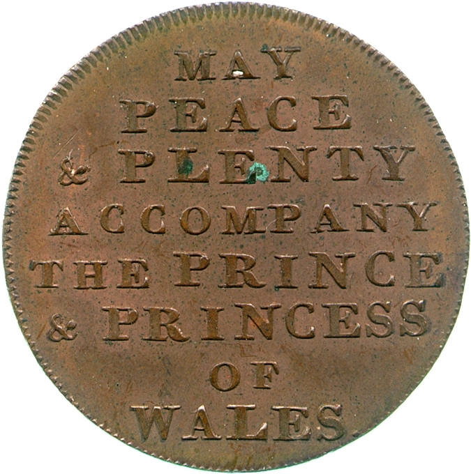 Image of the reverse of a copper halfpenny token engraved by Thomas Wyon for Peter Kempson, late eighteenth century