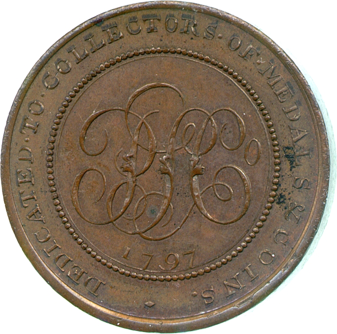 Reverse of a copper halfpenny issued for Flitwick by Skidmore, 1797