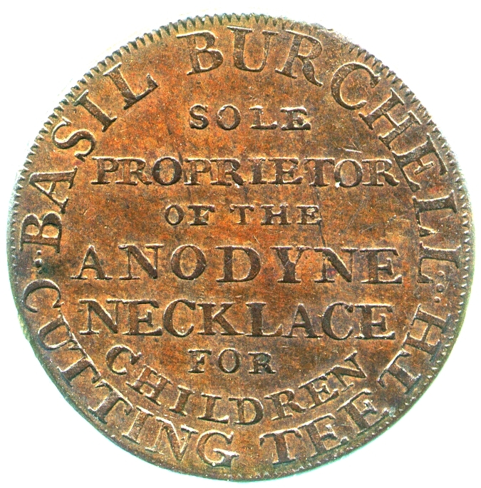 Image of the obverse of a copper halfpenny token of Basil Burchell, London druggist, late eighteenth century