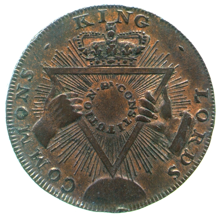 Image of the obverse of a copper halfpenny token engraved by Roger Dixon, late eighteenth century