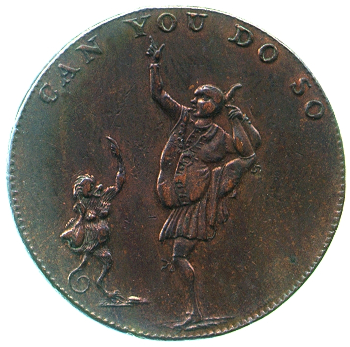 Image of the reverse of a copper halfpenny token engraved by Benjamin Jacobs and struck by Peter Skidmore for an unknown issuer, late eighteenth century