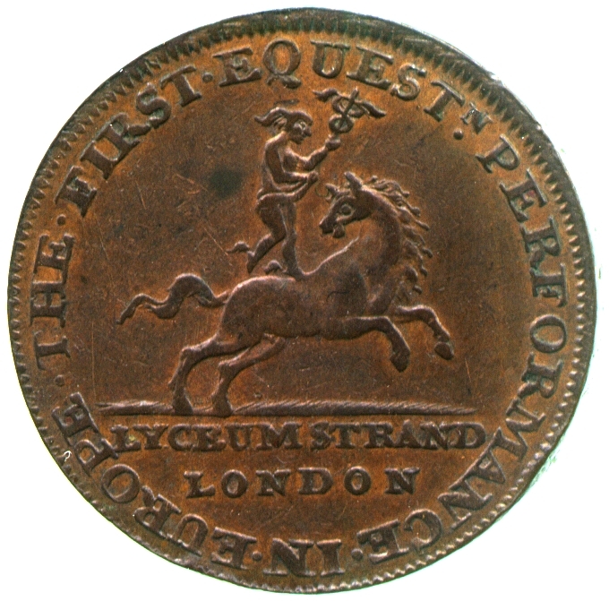 Image of the obverse of a copper halfpenny token engraved by Roger Dixon and struck by Lutwyche for the Lyceum Theatre, Strand, late eighteenth century