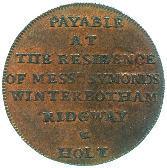 Image of the obverse of a copper halfpenny token engraved by Thomas Wyon and manufactured by Peter Kempson in the name of four political prisoners, 1795