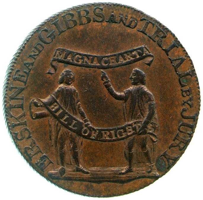 Image of the obverse of a copper halfpenny token engraved by Thomas Wyon for Thomas Erskine and Vicary Gibbs, 1794