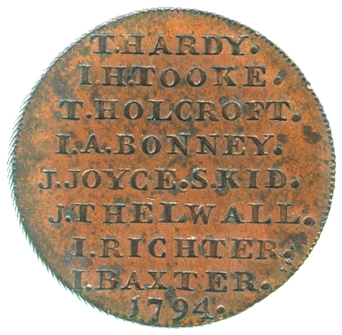 Image of the reverse of a copper halfpenny token engraved by Thomas Wyon for Thomas Erskine and Vicary Gibbs, 1794