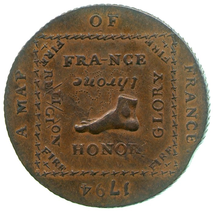 Image of the obverse of a copper halfpenny token engraved by William Mainwaring, 1794