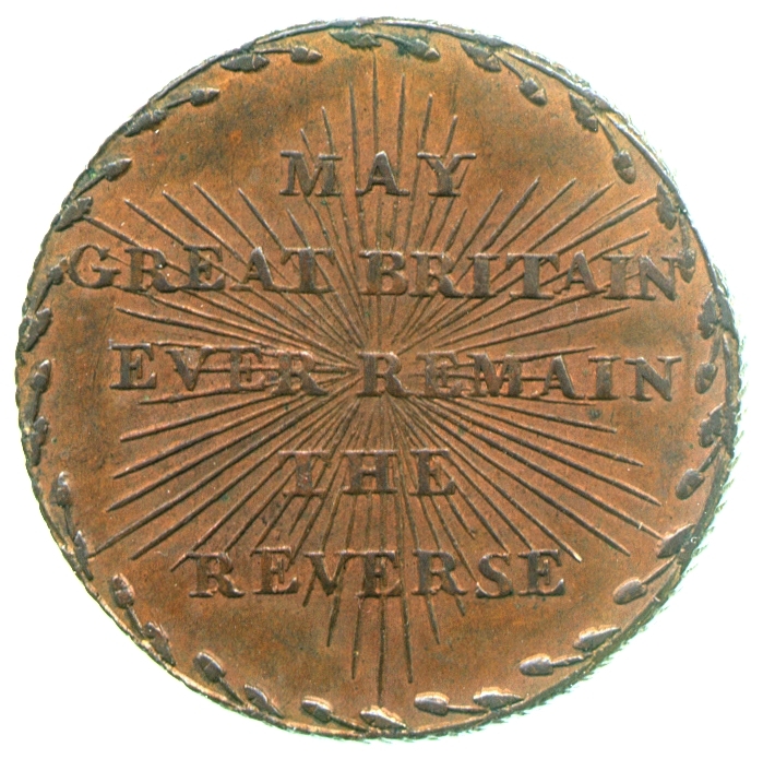 Image of the reverse of a copper halfpenny token of William Mainwaring, 1794