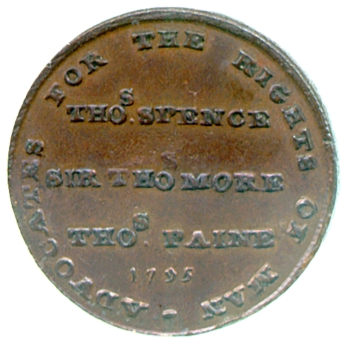 Image of obverse of a copper farthing token of Thomas Spence, 1796