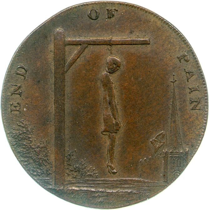 Image of the obverse of a copper farthing token of an unknown issuer, 1793