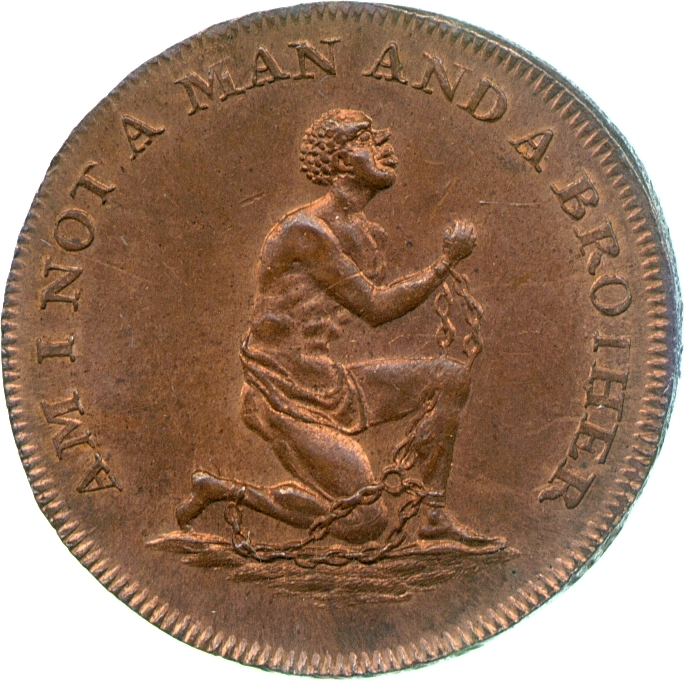 Image of the obverse of a copper halfpenny token issued by the Society for Suppression of the Slave Trade, late eighteenth century