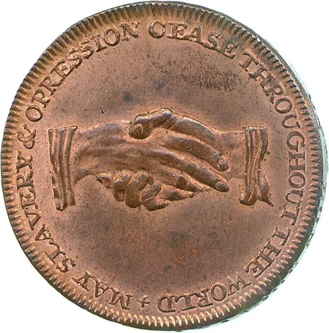 Image of the reverse of a copper halfpenny token issued by the Society for Suppression of the Slave Trade, late eighteenth century