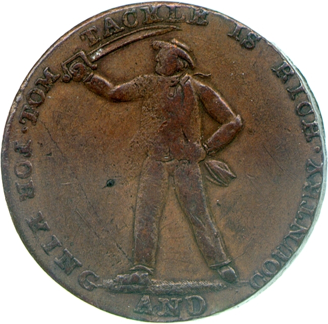Image of the obverse of a copper halfpenny token by an unknown issuer, late eighteenth century