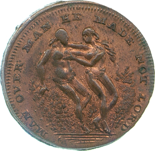 Image of obverse of a copper farthing token of Thomas Spence, late eighteenth century