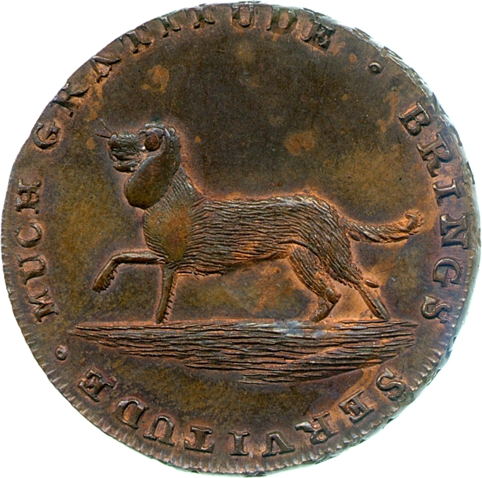 Image of the obverse of a copper halfpenny token of Thomas Spence, 1796