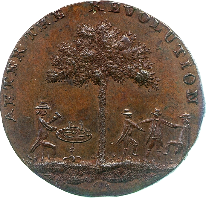 Image of the obverse of a copper halfpenny token of Thomas Spence, 1795