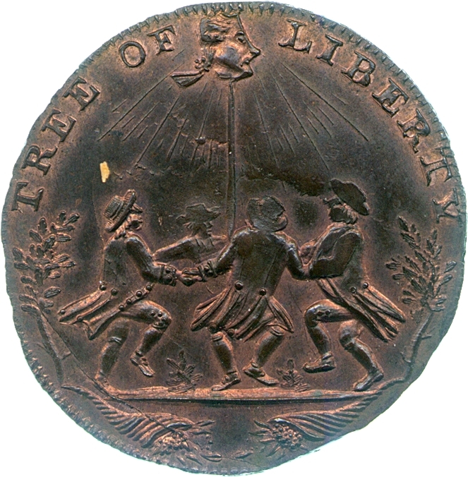 Image of the obverse of a copper halfpenny token of Thomas Spence, late eighteenth century